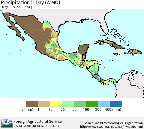 Mexico Central America and the Caribbean Precipitation 5-Day (WMO) Thematic Map For 5/1/2021 - 5/5/2021
