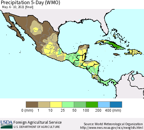 Mexico Central America and the Caribbean Precipitation 5-Day (WMO) Thematic Map For 5/6/2021 - 5/10/2021