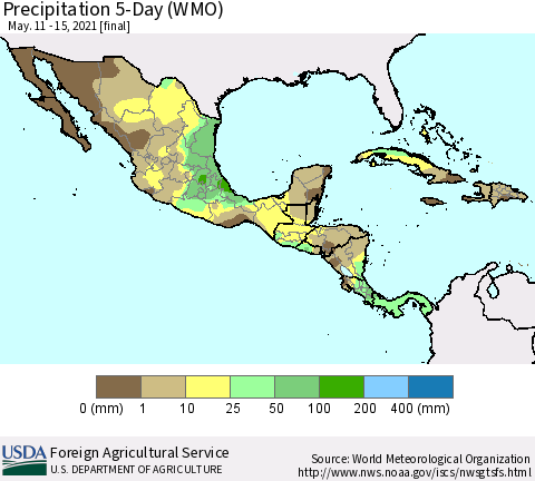Mexico Central America and the Caribbean Precipitation 5-Day (WMO) Thematic Map For 5/11/2021 - 5/15/2021
