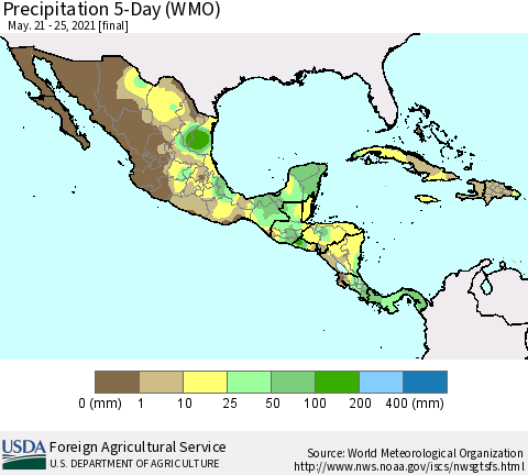 Mexico Central America and the Caribbean Precipitation 5-Day (WMO) Thematic Map For 5/21/2021 - 5/25/2021
