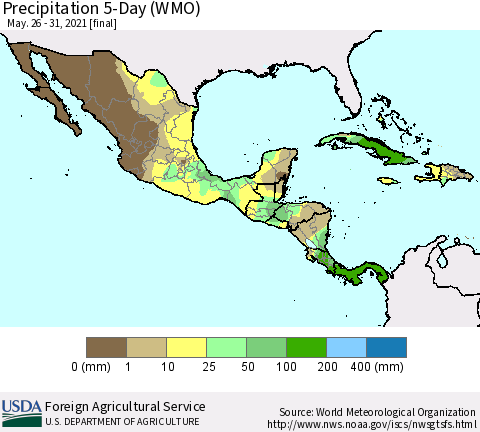 Mexico Central America and the Caribbean Precipitation 5-Day (WMO) Thematic Map For 5/26/2021 - 5/31/2021