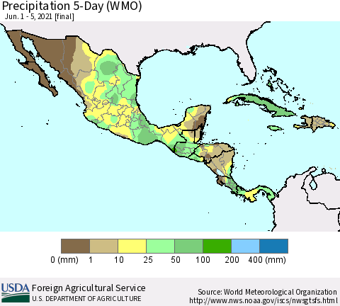 Mexico Central America and the Caribbean Precipitation 5-Day (WMO) Thematic Map For 6/1/2021 - 6/5/2021