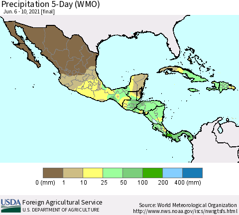 Mexico Central America and the Caribbean Precipitation 5-Day (WMO) Thematic Map For 6/6/2021 - 6/10/2021