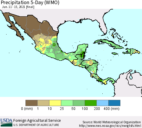 Mexico Central America and the Caribbean Precipitation 5-Day (WMO) Thematic Map For 6/11/2021 - 6/15/2021