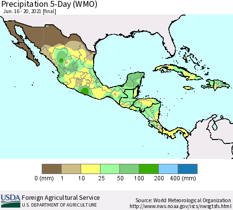 Mexico Central America and the Caribbean Precipitation 5-Day (WMO) Thematic Map For 6/16/2021 - 6/20/2021