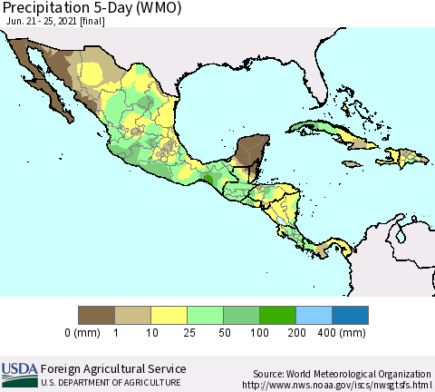 Mexico Central America and the Caribbean Precipitation 5-Day (WMO) Thematic Map For 6/21/2021 - 6/25/2021