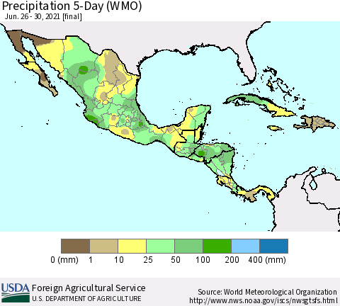 Mexico Central America and the Caribbean Precipitation 5-Day (WMO) Thematic Map For 6/26/2021 - 6/30/2021