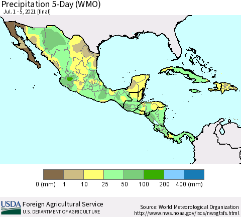 Mexico Central America and the Caribbean Precipitation 5-Day (WMO) Thematic Map For 7/1/2021 - 7/5/2021