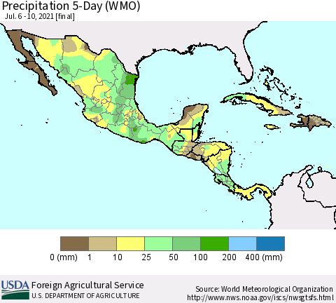 Mexico Central America and the Caribbean Precipitation 5-Day (WMO) Thematic Map For 7/6/2021 - 7/10/2021