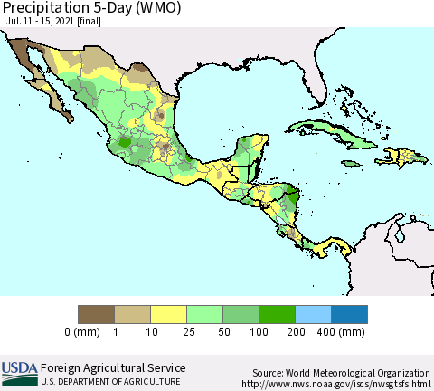 Mexico Central America and the Caribbean Precipitation 5-Day (WMO) Thematic Map For 7/11/2021 - 7/15/2021