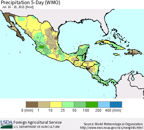 Mexico Central America and the Caribbean Precipitation 5-Day (WMO) Thematic Map For 7/16/2021 - 7/20/2021
