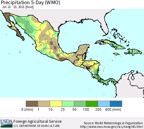 Mexico Central America and the Caribbean Precipitation 5-Day (WMO) Thematic Map For 7/21/2021 - 7/25/2021