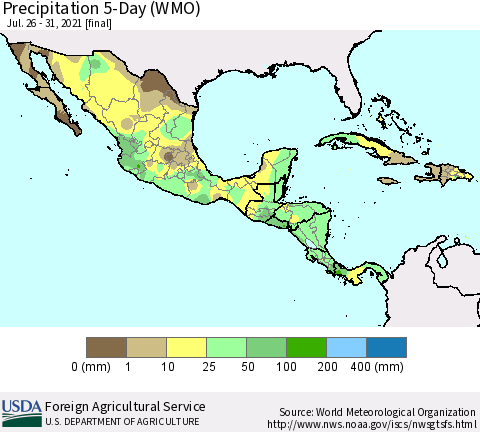 Mexico Central America and the Caribbean Precipitation 5-Day (WMO) Thematic Map For 7/26/2021 - 7/31/2021