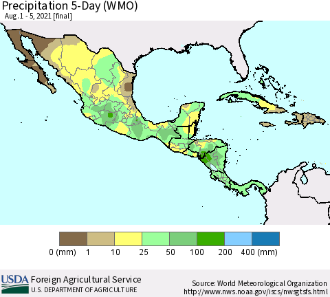 Mexico Central America and the Caribbean Precipitation 5-Day (WMO) Thematic Map For 8/1/2021 - 8/5/2021