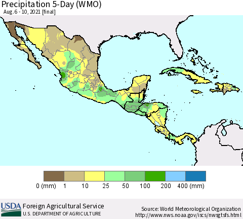 Mexico Central America and the Caribbean Precipitation 5-Day (WMO) Thematic Map For 8/6/2021 - 8/10/2021