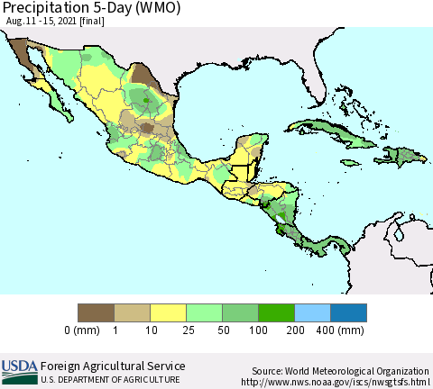 Mexico Central America and the Caribbean Precipitation 5-Day (WMO) Thematic Map For 8/11/2021 - 8/15/2021