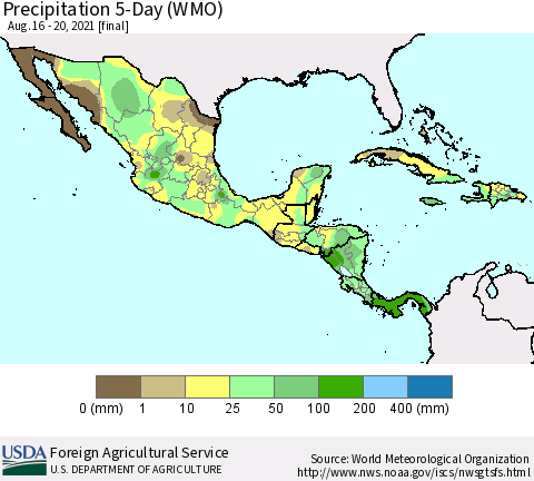 Mexico Central America and the Caribbean Precipitation 5-Day (WMO) Thematic Map For 8/16/2021 - 8/20/2021