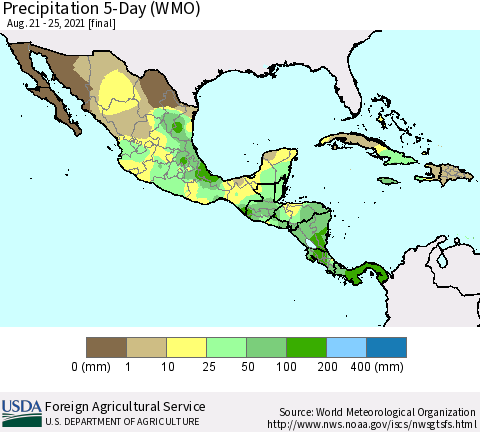 Mexico Central America and the Caribbean Precipitation 5-Day (WMO) Thematic Map For 8/21/2021 - 8/25/2021