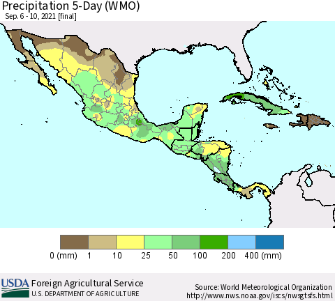 Mexico Central America and the Caribbean Precipitation 5-Day (WMO) Thematic Map For 9/6/2021 - 9/10/2021