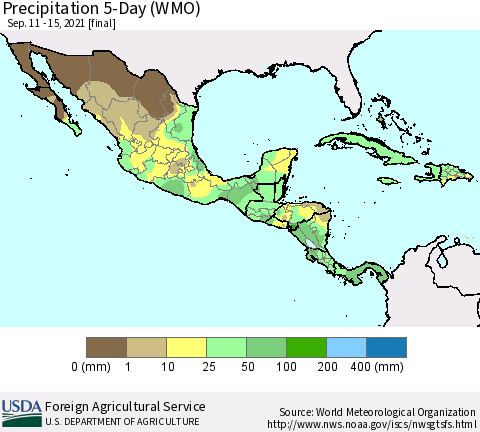 Mexico Central America and the Caribbean Precipitation 5-Day (WMO) Thematic Map For 9/11/2021 - 9/15/2021