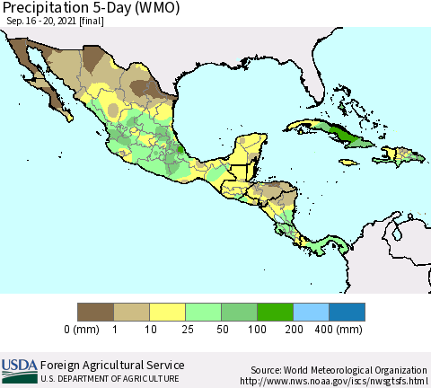Mexico Central America and the Caribbean Precipitation 5-Day (WMO) Thematic Map For 9/16/2021 - 9/20/2021