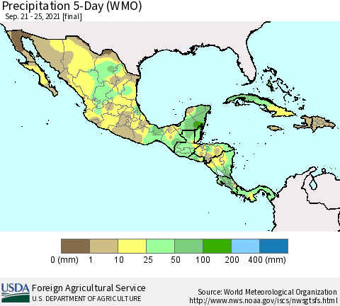 Mexico Central America and the Caribbean Precipitation 5-Day (WMO) Thematic Map For 9/21/2021 - 9/25/2021