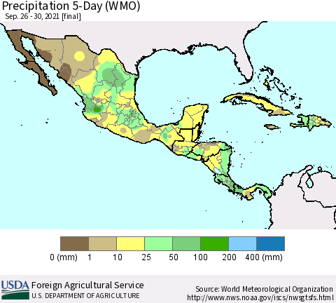 Mexico Central America and the Caribbean Precipitation 5-Day (WMO) Thematic Map For 9/26/2021 - 9/30/2021