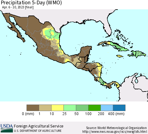 Mexico Central America and the Caribbean Precipitation 5-Day (WMO) Thematic Map For 4/6/2023 - 4/10/2023