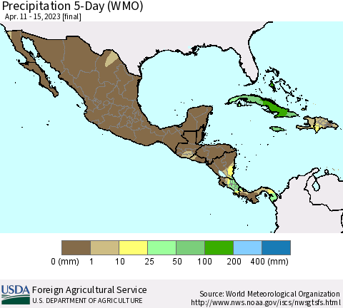 Mexico Central America and the Caribbean Precipitation 5-Day (WMO) Thematic Map For 4/11/2023 - 4/15/2023