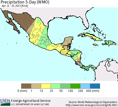 Mexico Central America and the Caribbean Precipitation 5-Day (WMO) Thematic Map For 4/21/2023 - 4/25/2023