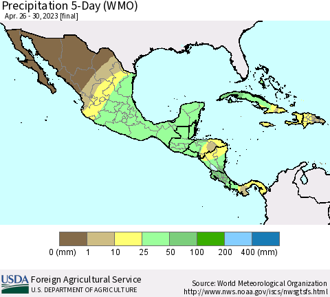 Mexico Central America and the Caribbean Precipitation 5-Day (WMO) Thematic Map For 4/26/2023 - 4/30/2023