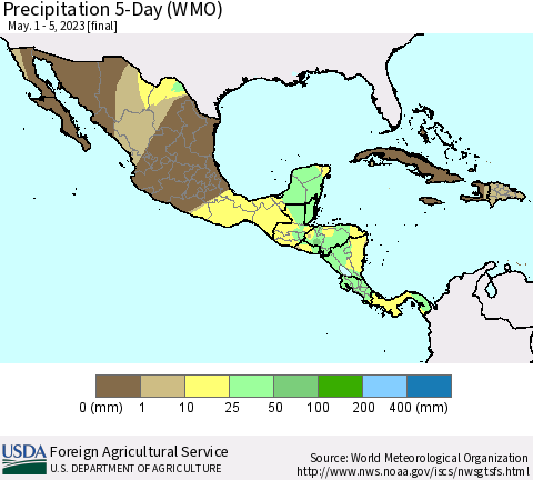 Mexico Central America and the Caribbean Precipitation 5-Day (WMO) Thematic Map For 5/1/2023 - 5/5/2023