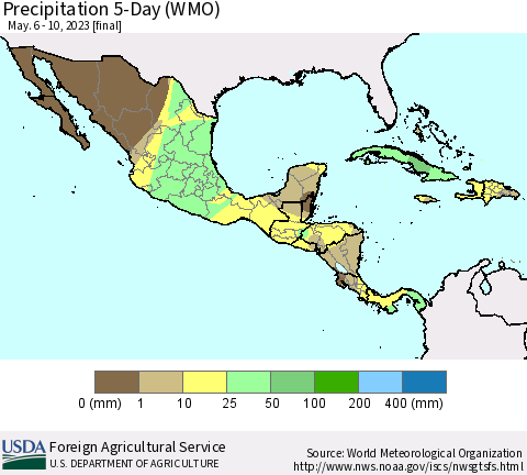 Mexico Central America and the Caribbean Precipitation 5-Day (WMO) Thematic Map For 5/6/2023 - 5/10/2023