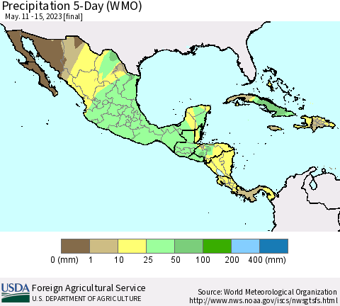 Mexico Central America and the Caribbean Precipitation 5-Day (WMO) Thematic Map For 5/11/2023 - 5/15/2023