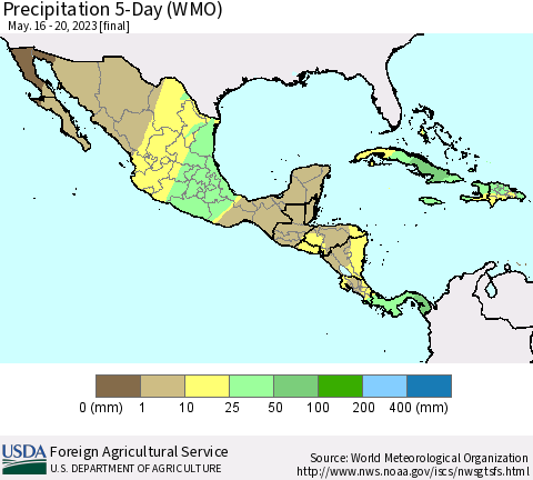 Mexico Central America and the Caribbean Precipitation 5-Day (WMO) Thematic Map For 5/16/2023 - 5/20/2023