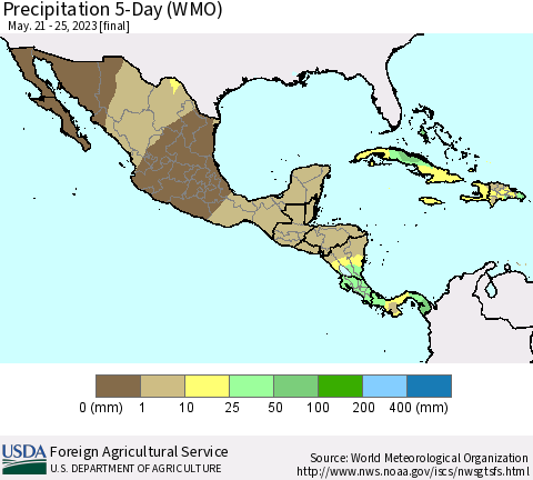 Mexico Central America and the Caribbean Precipitation 5-Day (WMO) Thematic Map For 5/21/2023 - 5/25/2023