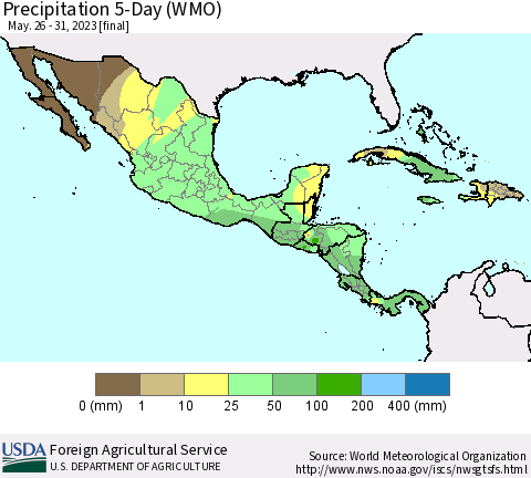 Mexico Central America and the Caribbean Precipitation 5-Day (WMO) Thematic Map For 5/26/2023 - 5/31/2023