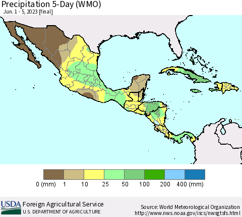 Mexico Central America and the Caribbean Precipitation 5-Day (WMO) Thematic Map For 6/1/2023 - 6/5/2023