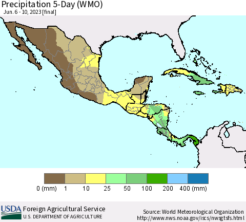Mexico Central America and the Caribbean Precipitation 5-Day (WMO) Thematic Map For 6/6/2023 - 6/10/2023