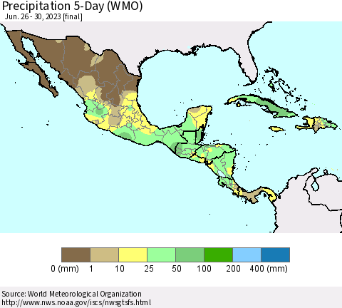 Mexico Central America and the Caribbean Precipitation 5-Day (WMO) Thematic Map For 6/26/2023 - 6/30/2023
