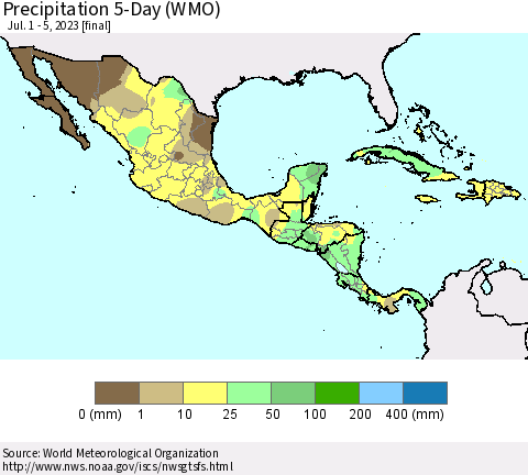 Mexico Central America and the Caribbean Precipitation 5-Day (WMO) Thematic Map For 7/1/2023 - 7/5/2023