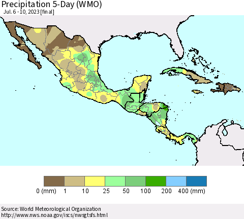 Mexico Central America and the Caribbean Precipitation 5-Day (WMO) Thematic Map For 7/6/2023 - 7/10/2023