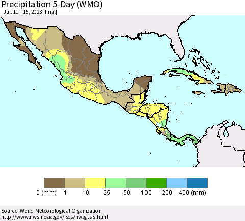 Mexico Central America and the Caribbean Precipitation 5-Day (WMO) Thematic Map For 7/11/2023 - 7/15/2023