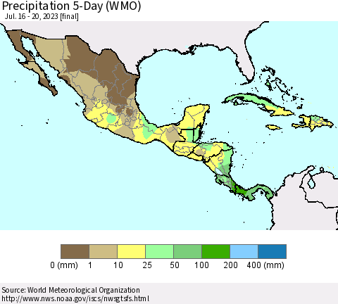 Mexico Central America and the Caribbean Precipitation 5-Day (WMO) Thematic Map For 7/16/2023 - 7/20/2023