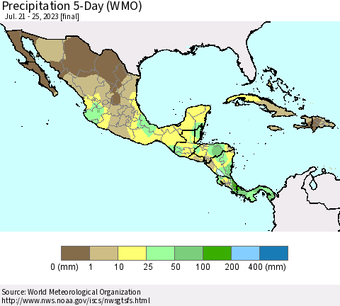 Mexico Central America and the Caribbean Precipitation 5-Day (WMO) Thematic Map For 7/21/2023 - 7/25/2023