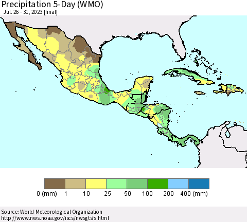 Mexico Central America and the Caribbean Precipitation 5-Day (WMO) Thematic Map For 7/26/2023 - 7/31/2023