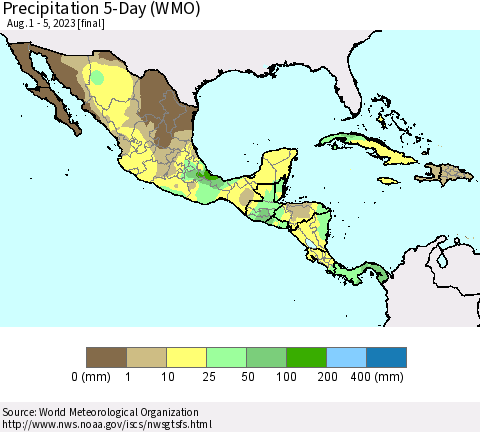 Mexico Central America and the Caribbean Precipitation 5-Day (WMO) Thematic Map For 8/1/2023 - 8/5/2023