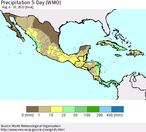 Mexico Central America and the Caribbean Precipitation 5-Day (WMO) Thematic Map For 8/6/2023 - 8/10/2023