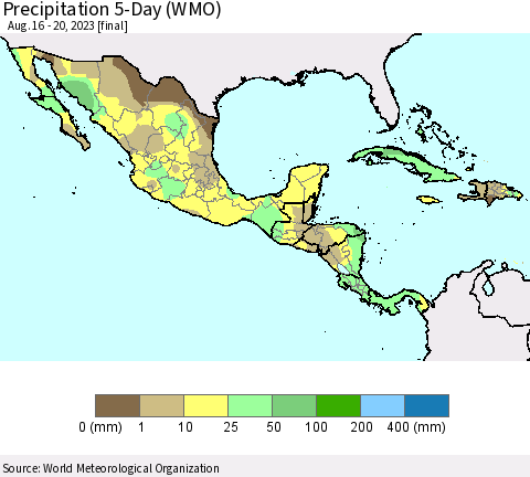 Mexico Central America and the Caribbean Precipitation 5-Day (WMO) Thematic Map For 8/16/2023 - 8/20/2023