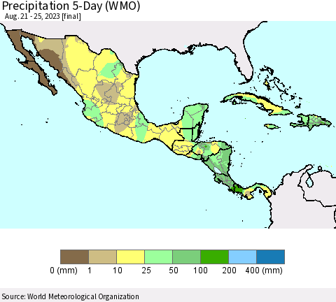 Mexico Central America and the Caribbean Precipitation 5-Day (WMO) Thematic Map For 8/21/2023 - 8/25/2023